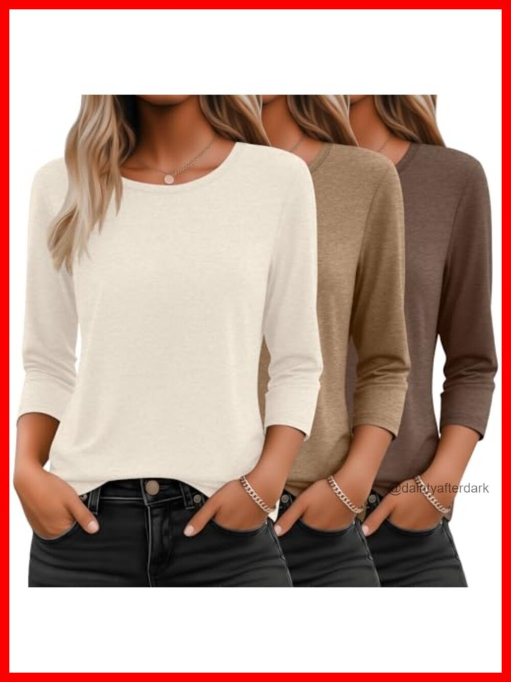 3 Pack 3/4 Sleeve Crewneck Tops Loose Fit Casual T-Shirts for Women